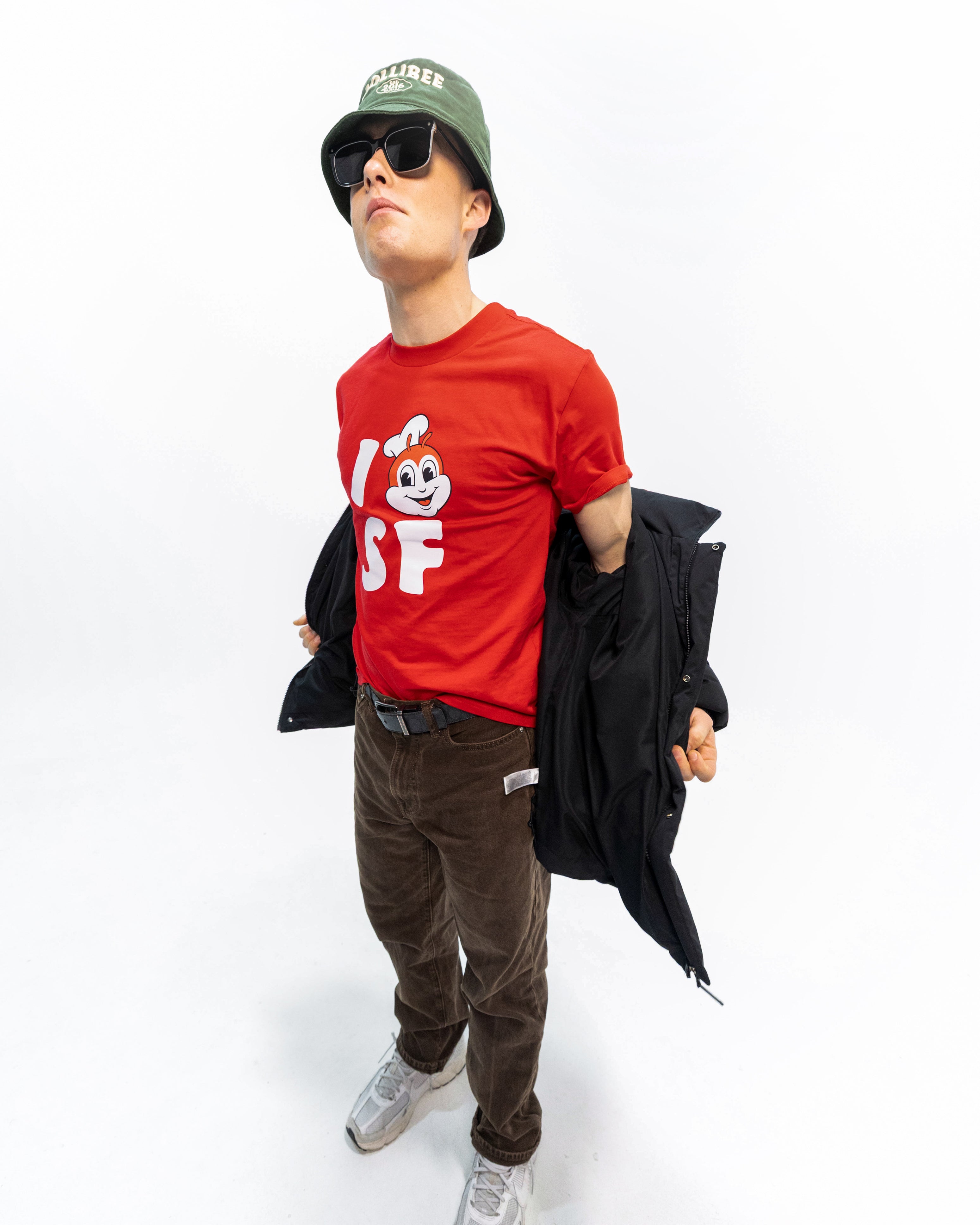 guy wearing Jollibee merch I JB SF red t-shirt