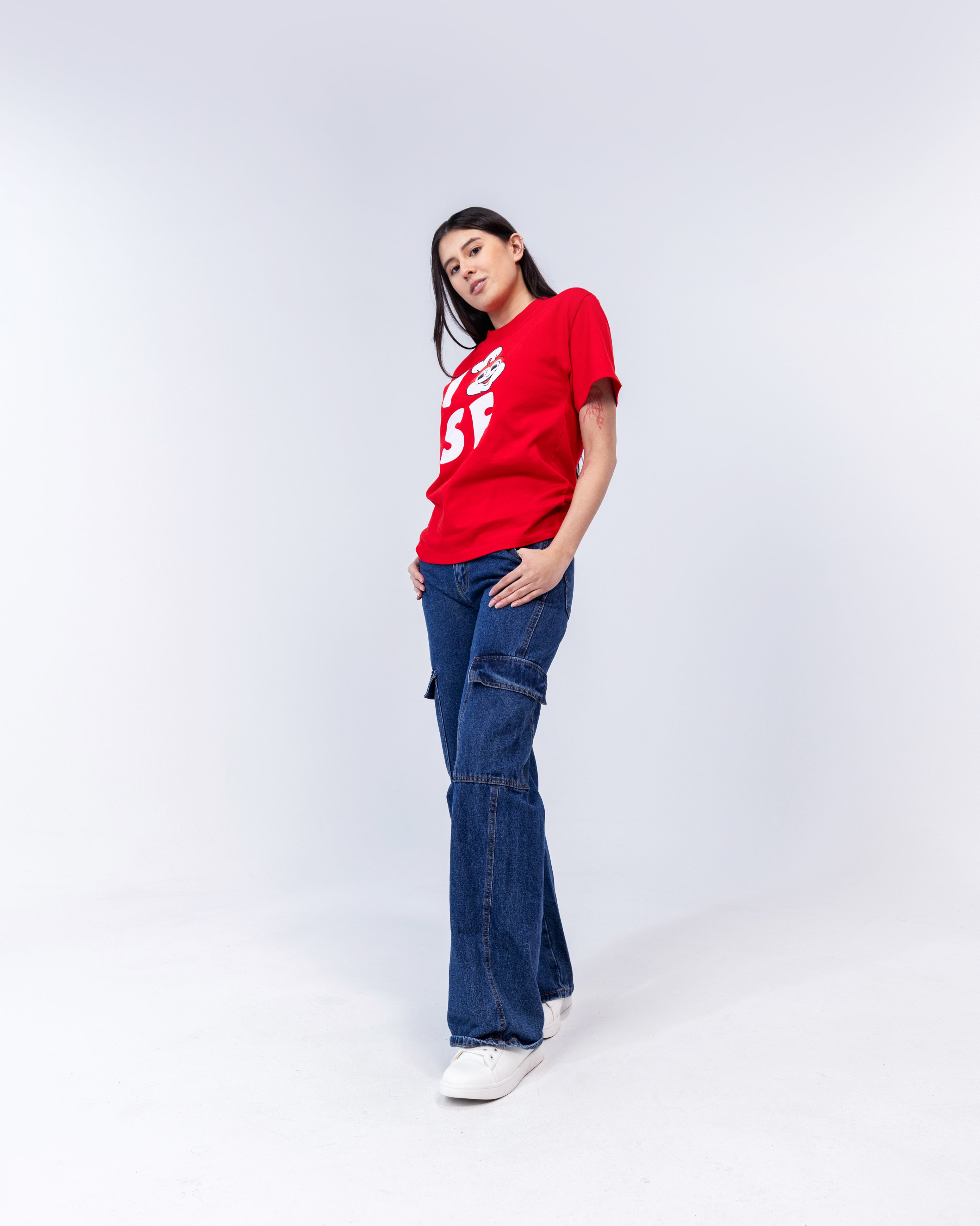 girl wearing Jollibee merch I JB SF red t-shirt