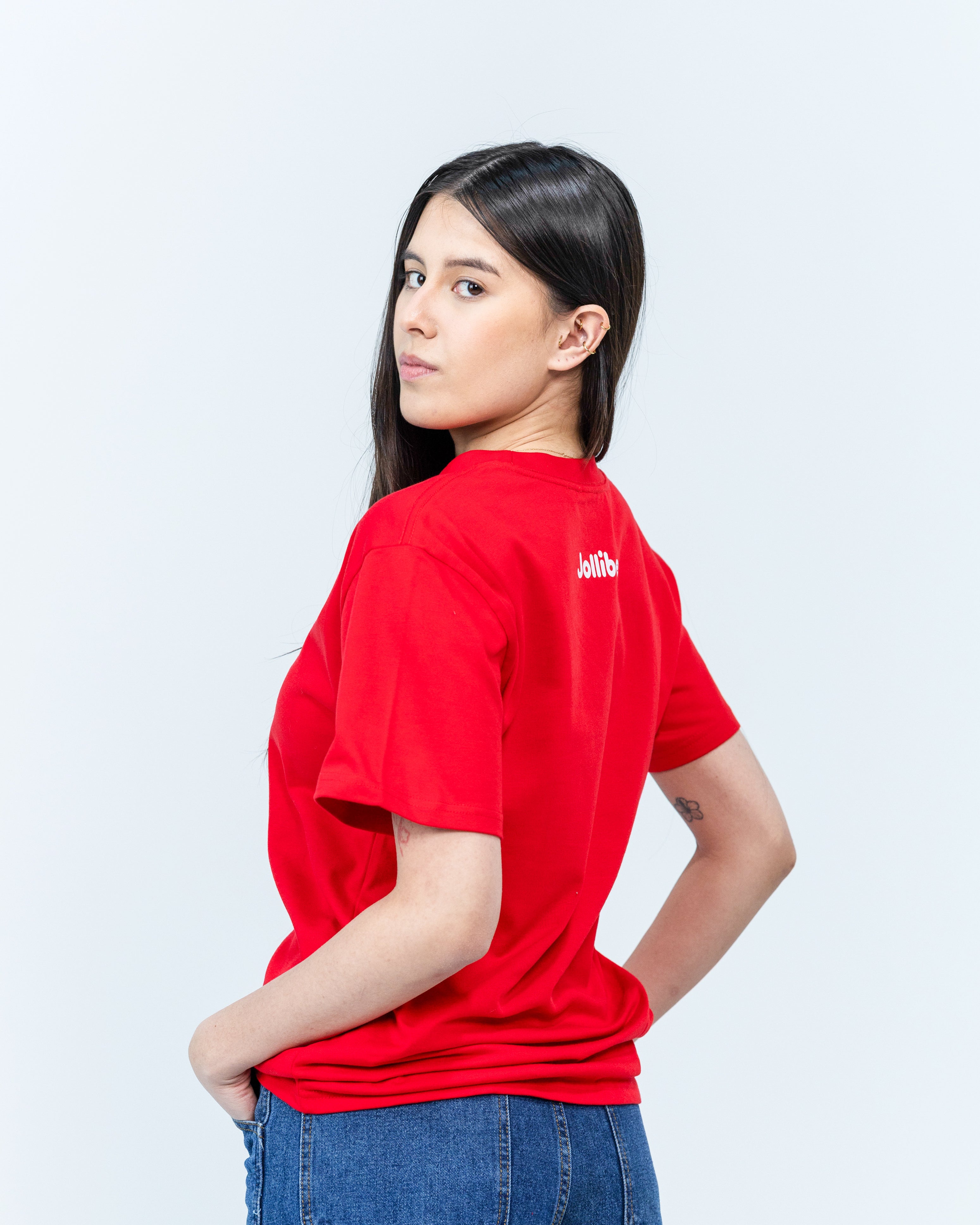 girl wearing Jollibee merch I JB SF red t-shirt