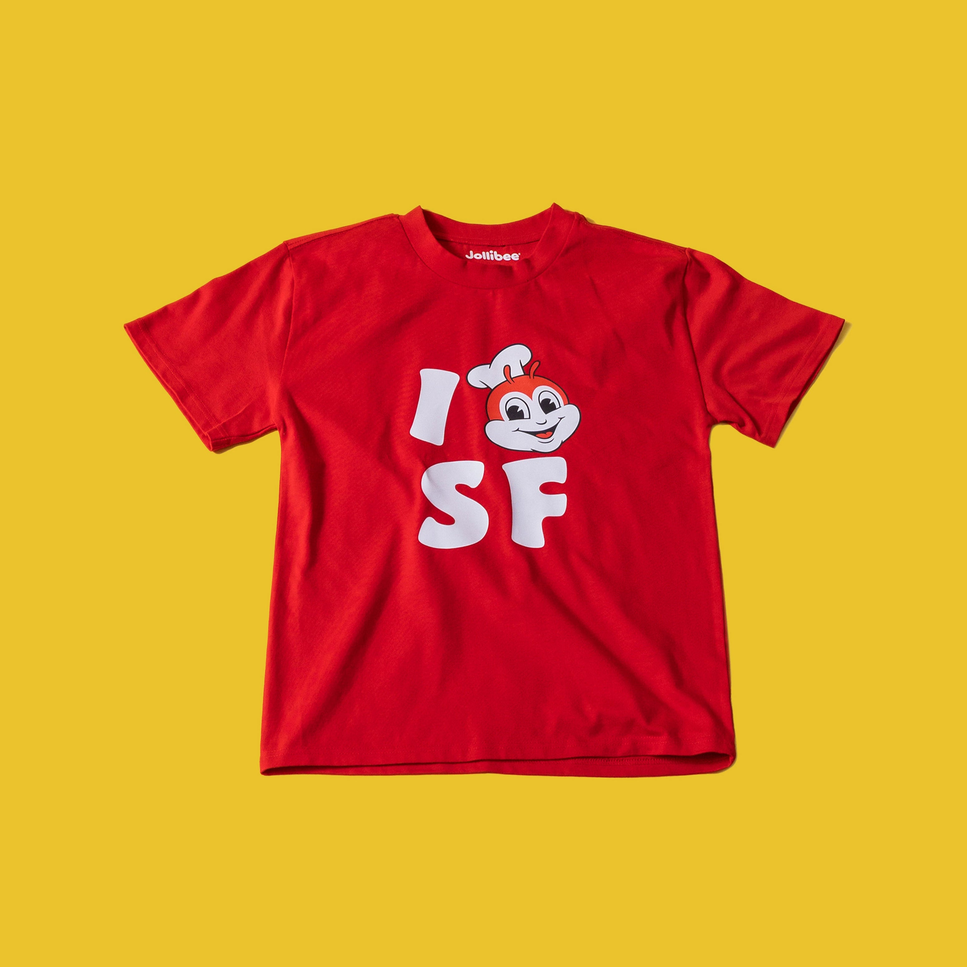 Jollibee merch I JB SF red t-shirt flatlay