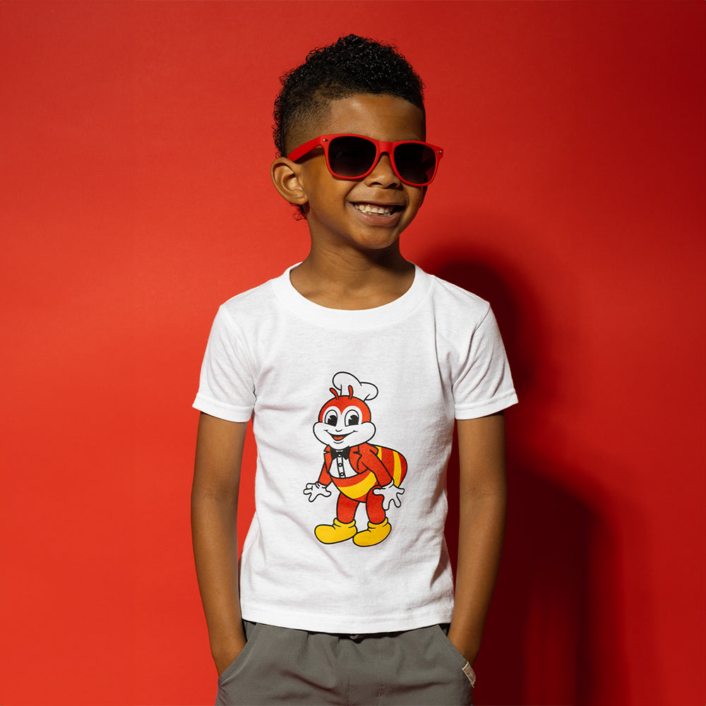 little boy wearing red sunglasses and a kid mascot white shirt