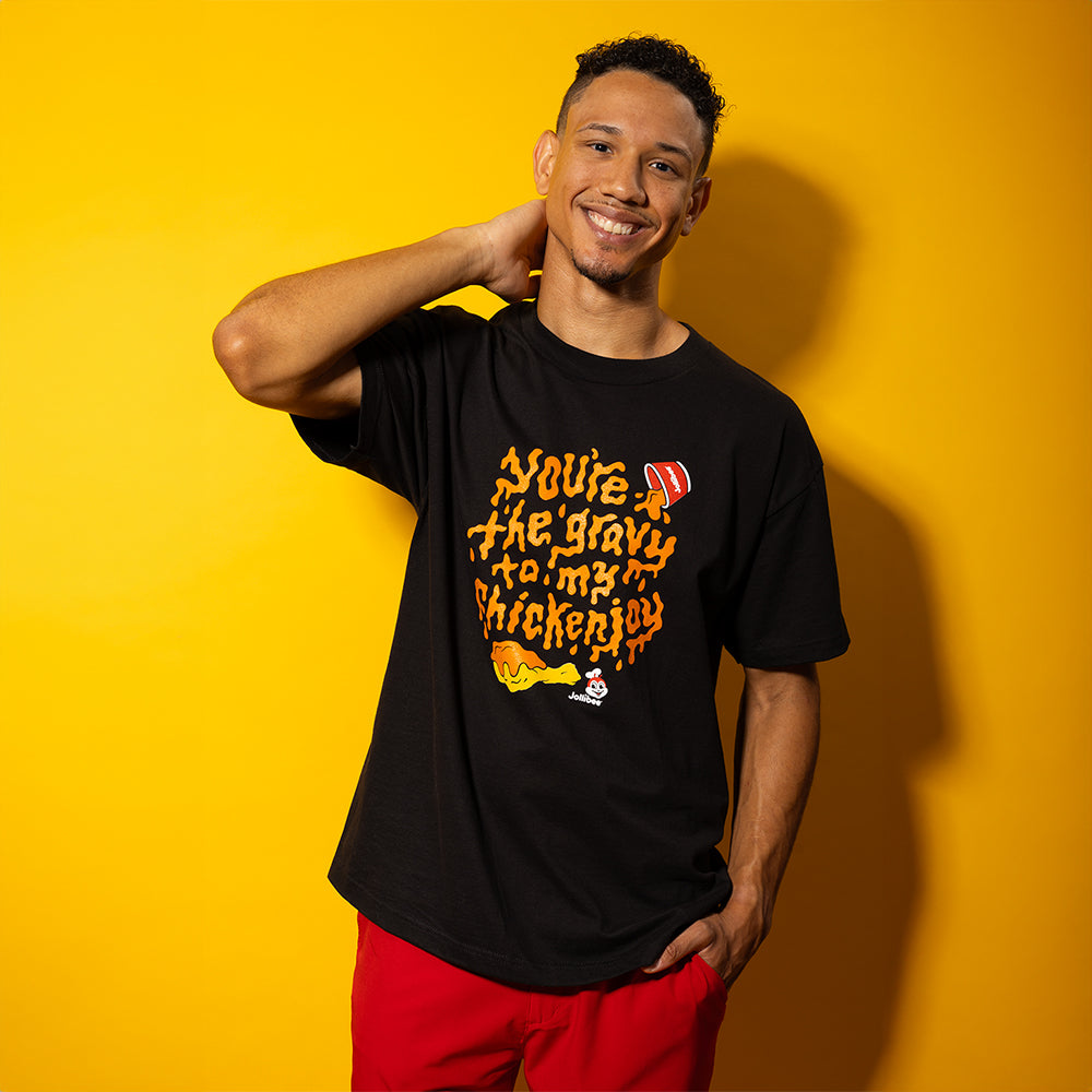 guy smiling wearing the Black Gravy Shirt