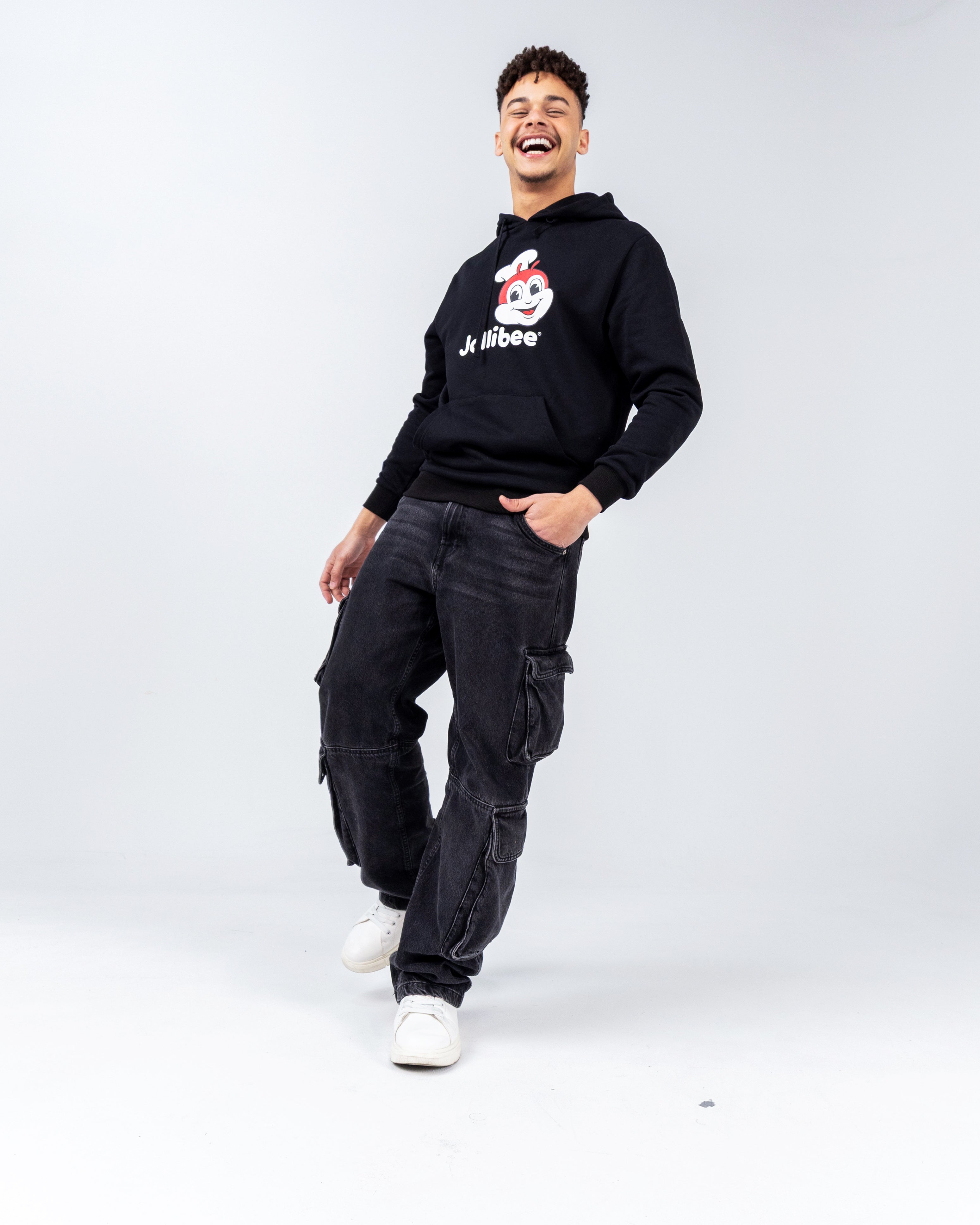 guy wearing Jollibee merch classic black hoodie