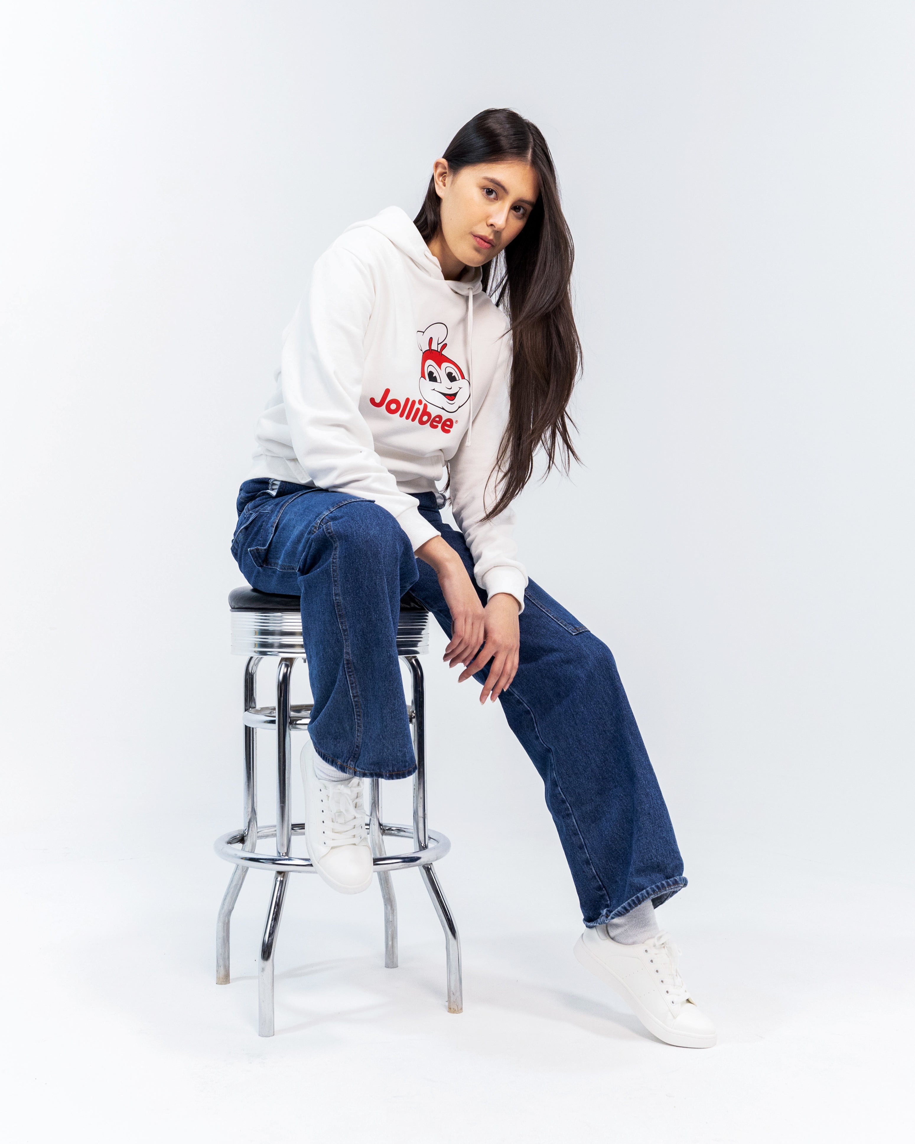 girl wearing Jollibee merch classic white hoodie
