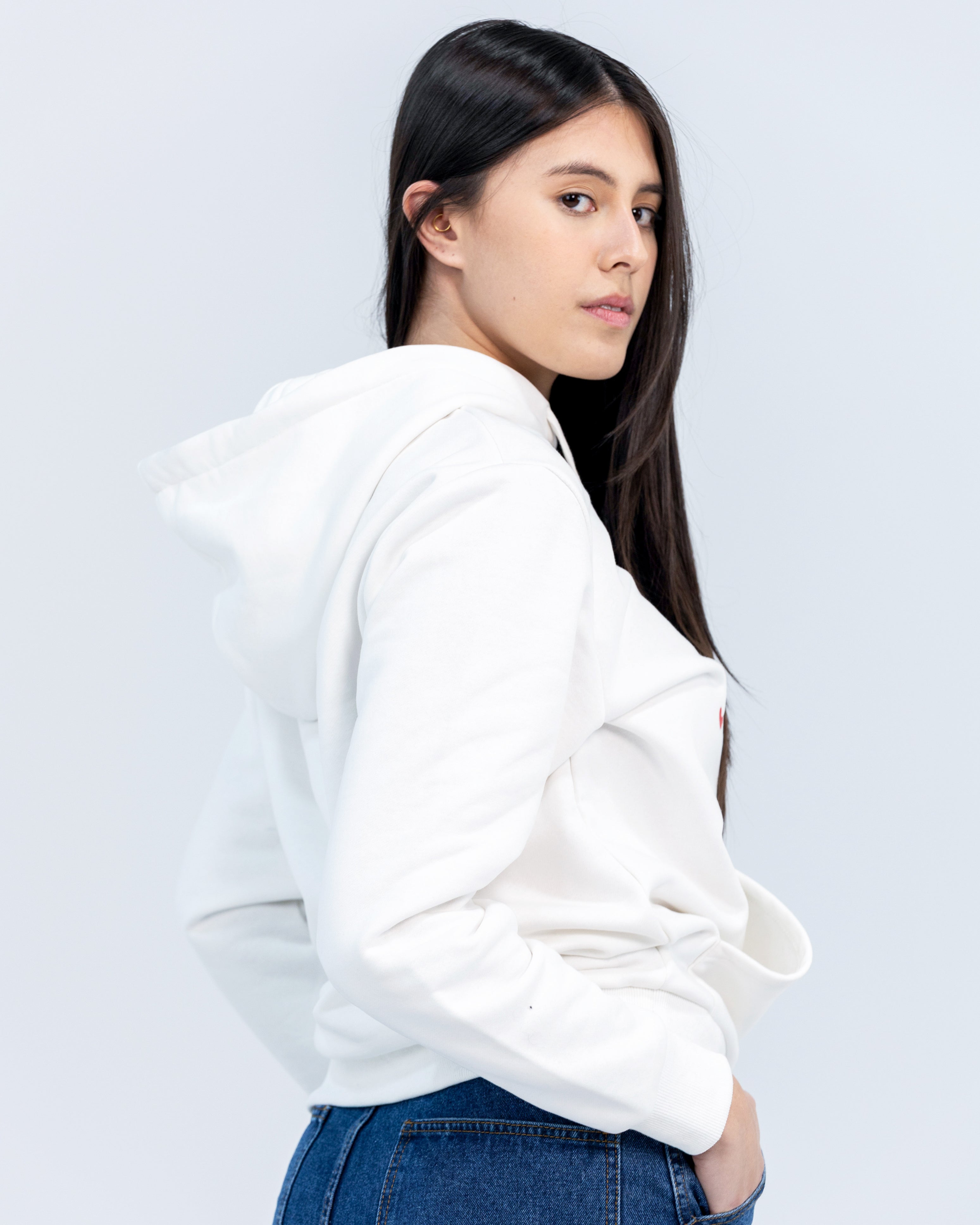 girl wearing Jollibee merch classic white hoodie