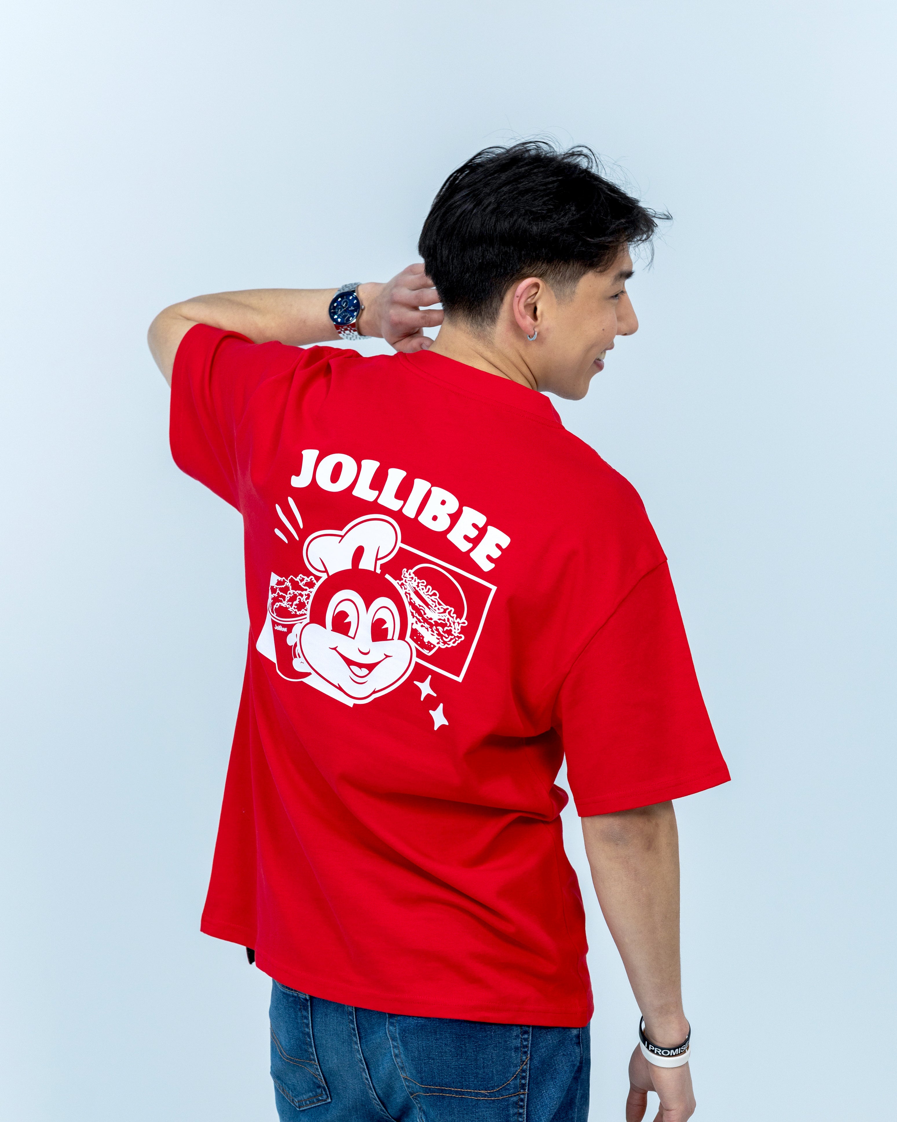 guy wearing Jollibee merch retro red t-shirt